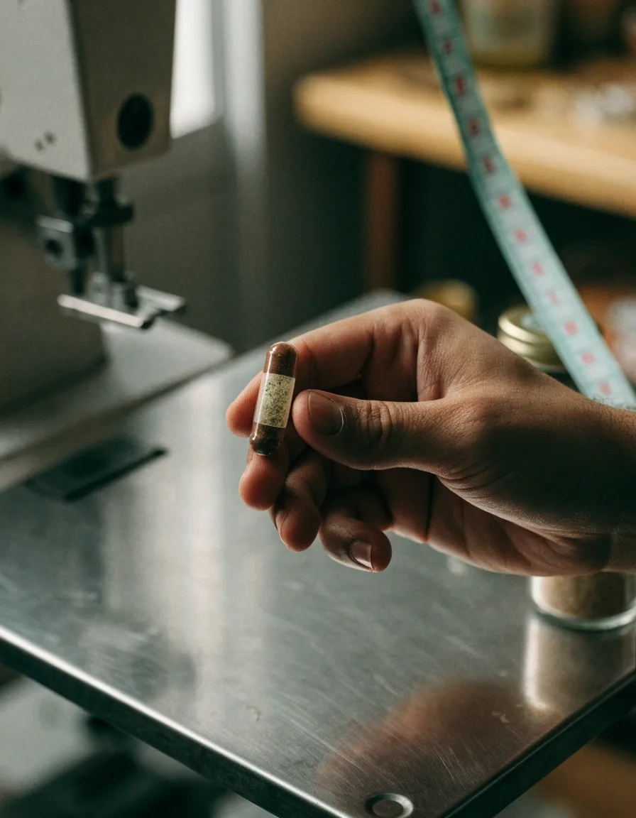 Cápsulas vegetales traslúcidas alineadas sobre superficie mate