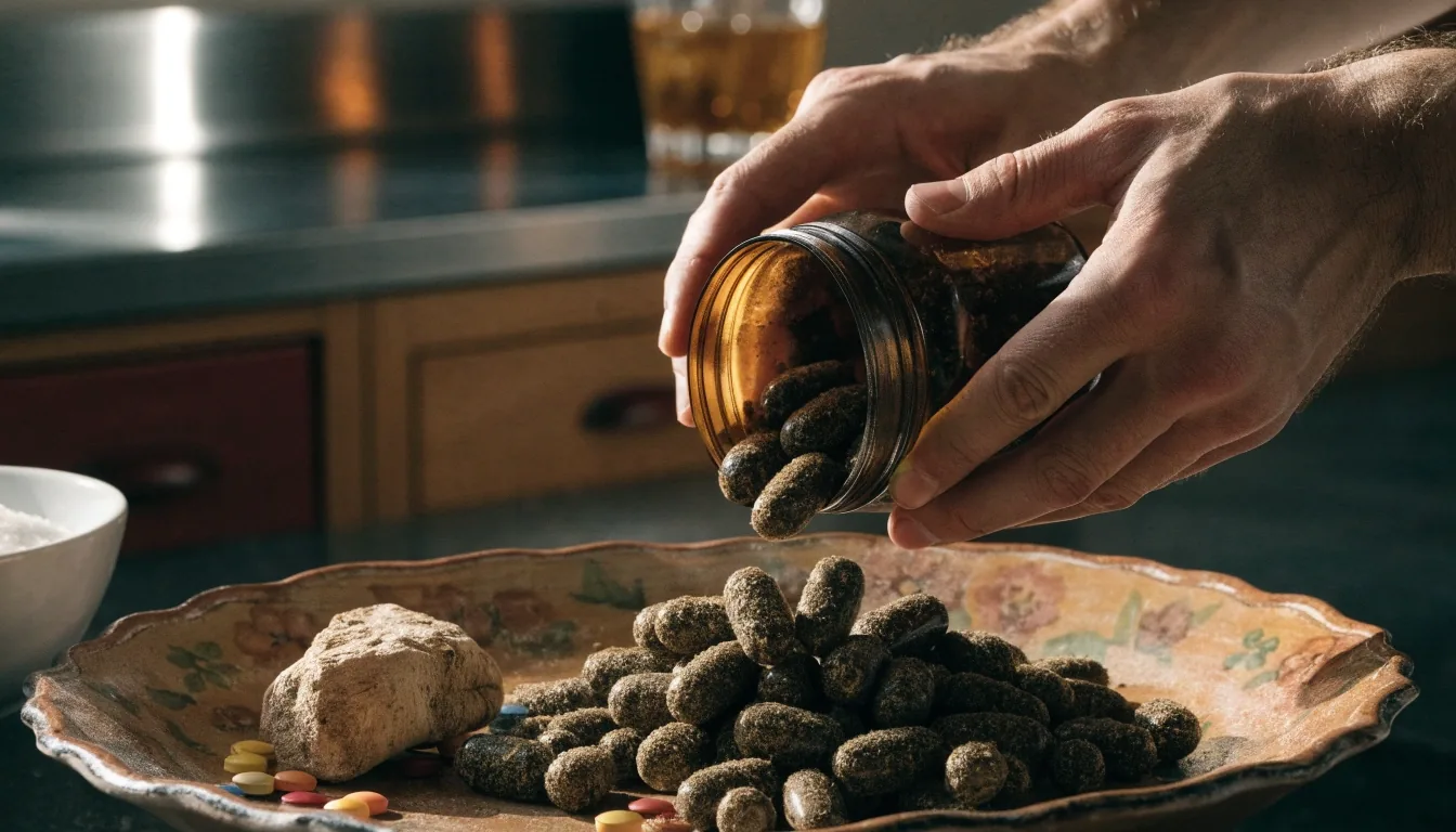 Cápsulas vegetales, tabletas prensadas y material vegetal seco sobre una mesa de taller