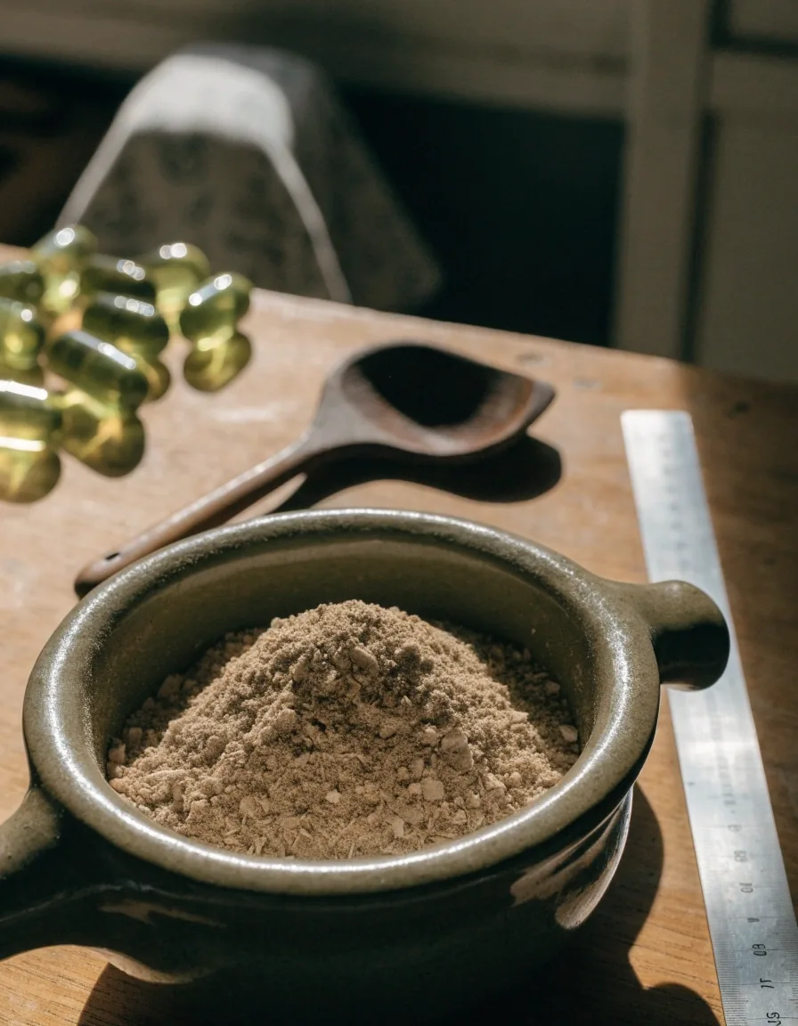 Mortero con material vegetal seco y regla de acero sobre la mesa de taller