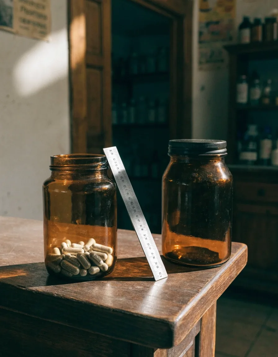 Frasco ámbar sin etiqueta legible y una regla de acero pequeña sobre una mesa de taller de madera