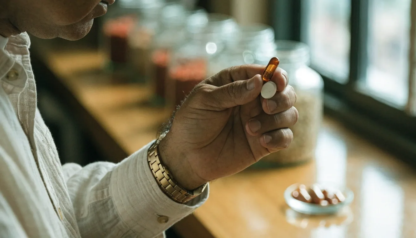 Manos de hombre comparando una cápsula vegetal y una tableta prensada sobre una mesa de taller mate