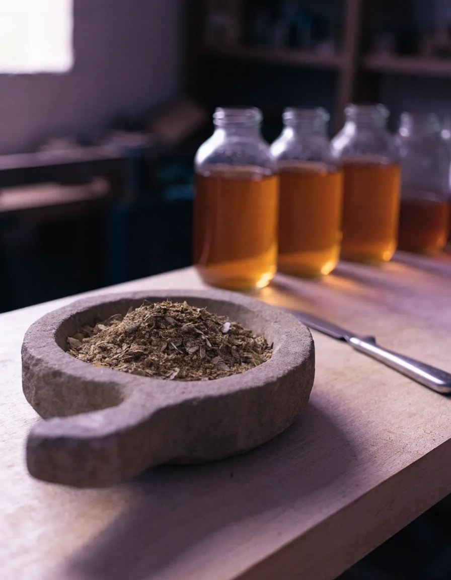 Mortero con material vegetal seco y un cuchillo de acero sobre una mesa de taller de madera