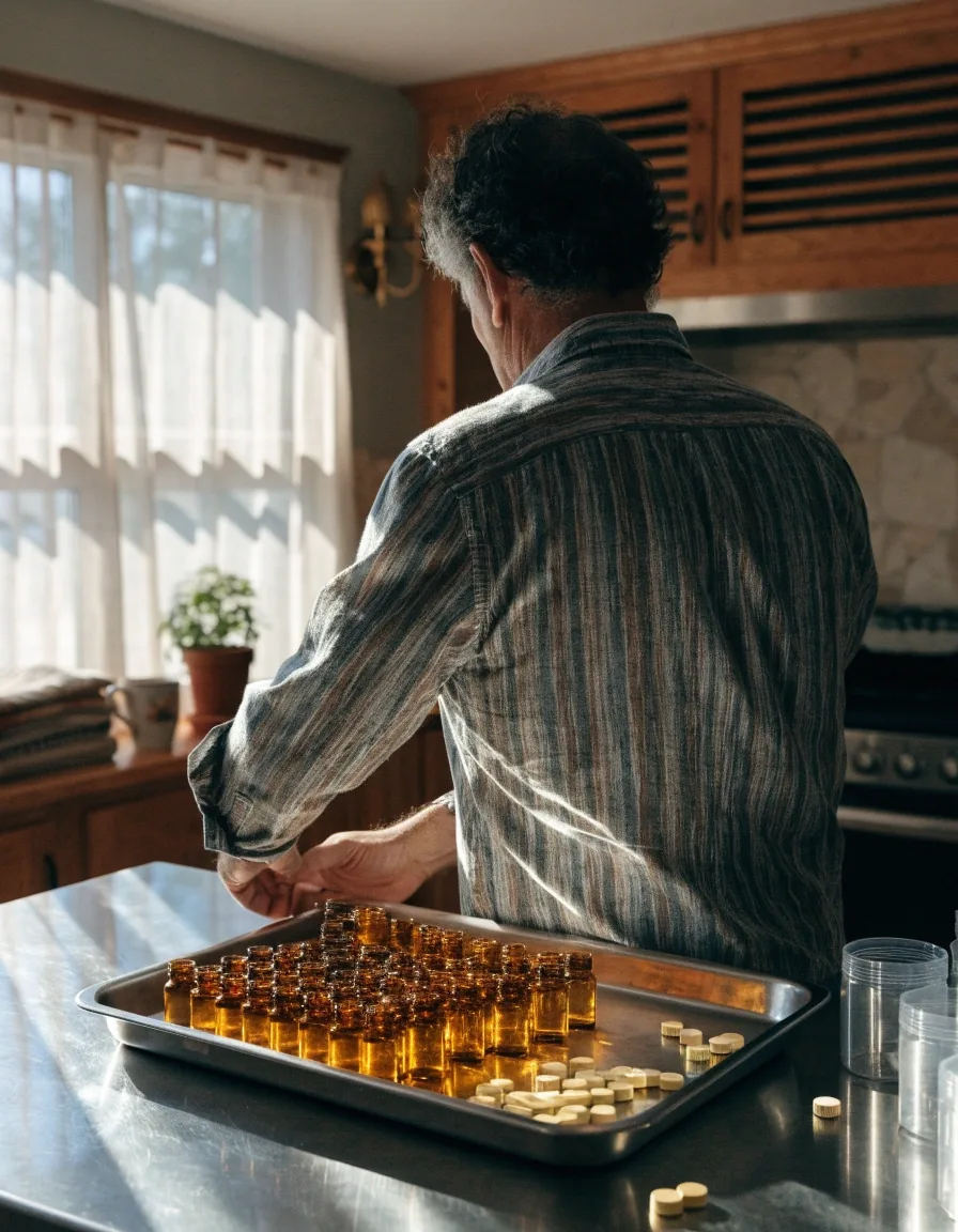 Manos de un hombre moviendo cápsulas vegetales sobre una superficie de acero