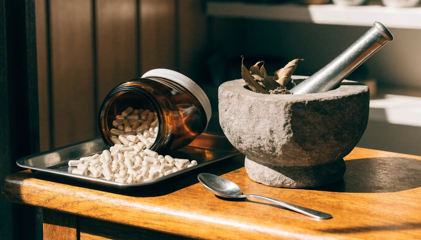 Mesa de conteo con cápsulas vegetales, tableta prensada, mortero y regla de acero bajo luz de taller
