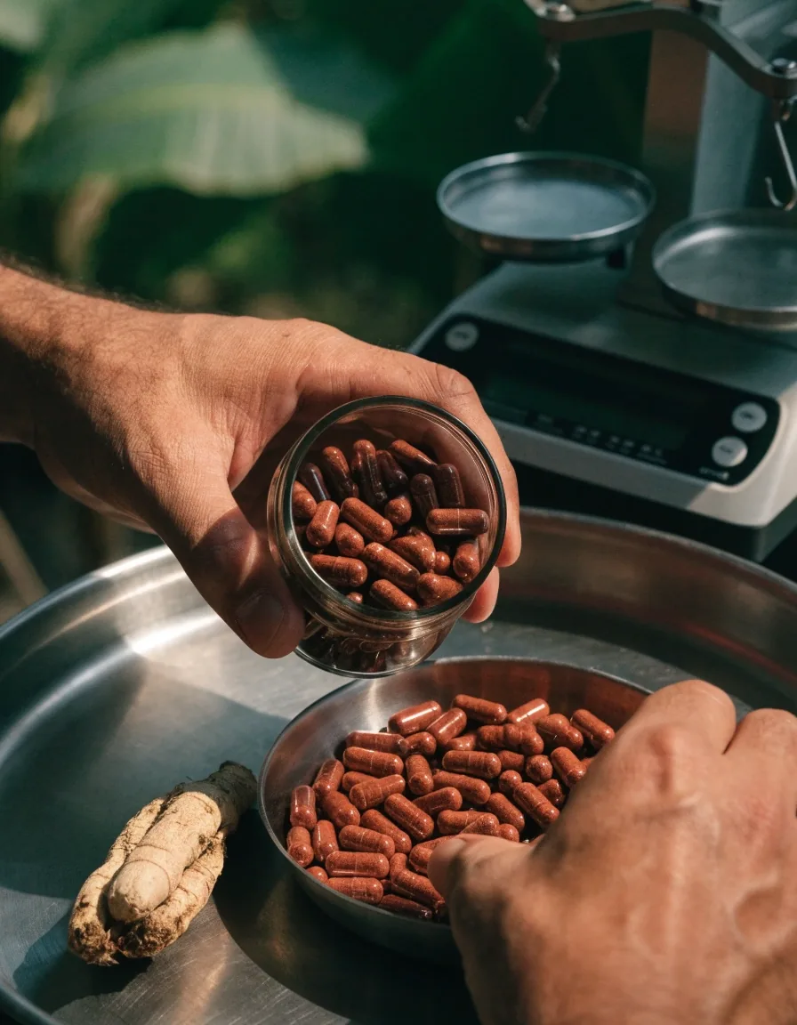 Cápsulas vegetales traslúcidas contadas de forma irregular sobre una superficie de acero mate