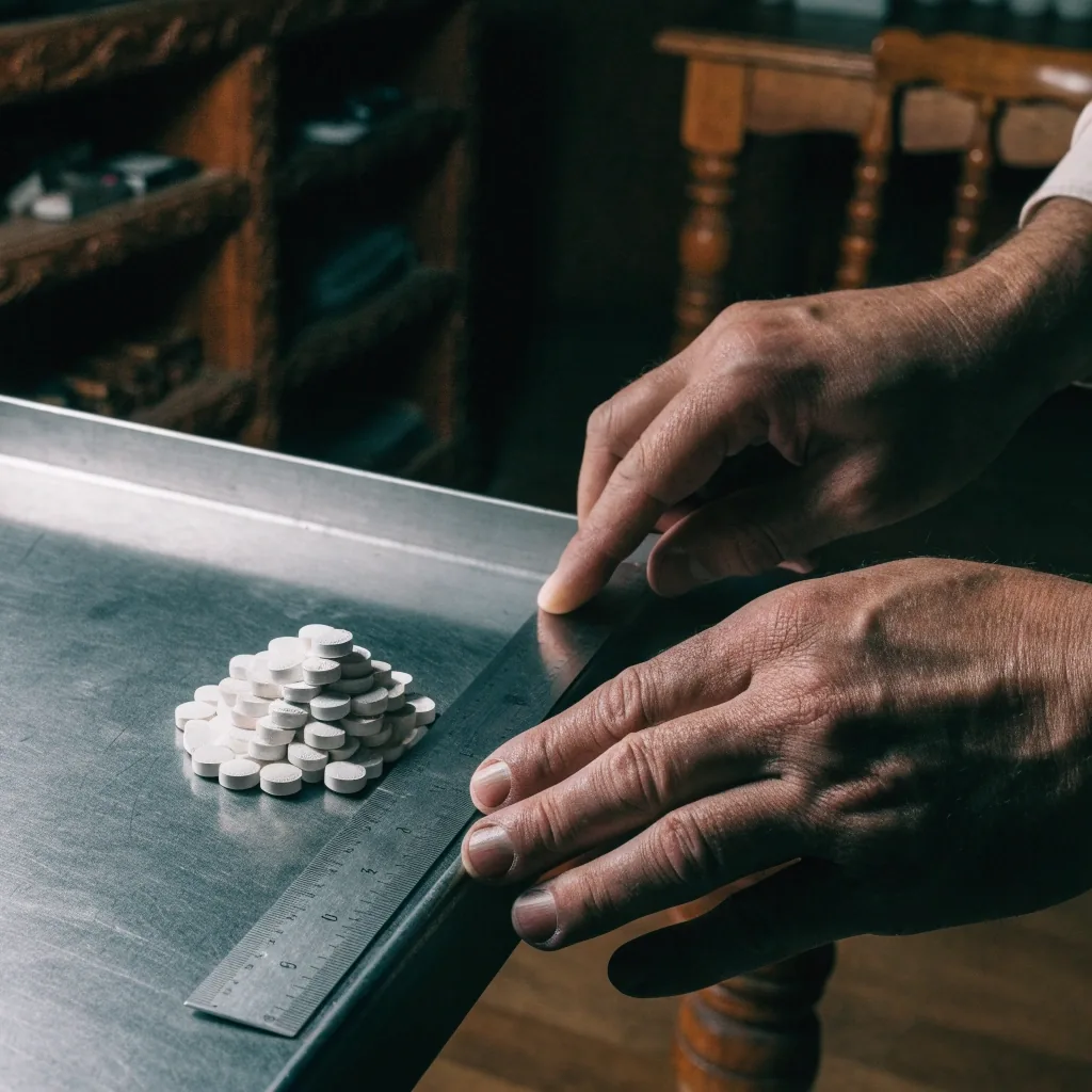 Manos de un hombre midiendo tabletas minerales junto a una regla de acero en la mesa de taller