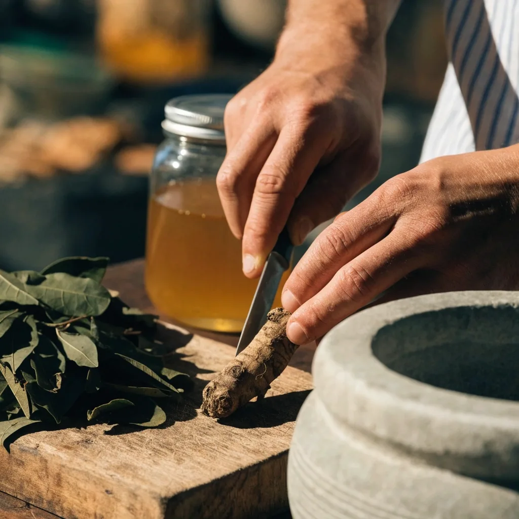 Material vegetal seco junto a un mortero de piedra y un cuchillo de acero sobre la mesa de taller