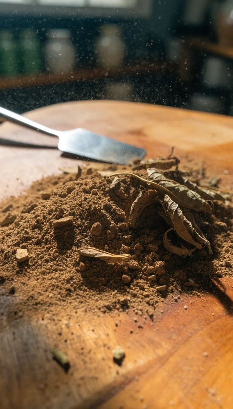Polvo vegetal molido y hojas secas sobre la mesa de madera con una espátula de acero