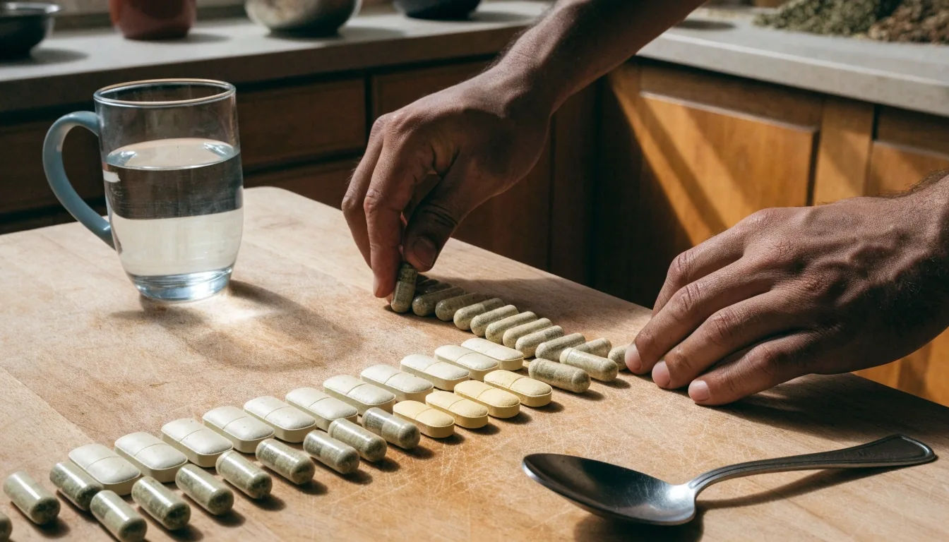 Cápsulas vegetales y tabletas alineadas junto a una regla de acero sobre la mesa de trabajo